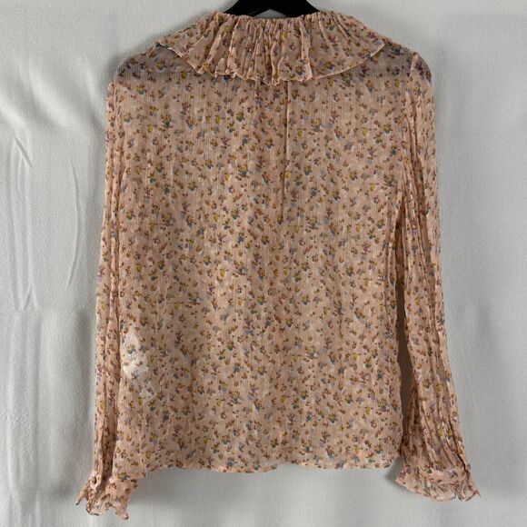 COACH Sz 4 Floral Ruffle Blouse 100% Silk Chiffon Peachy Button Top Semi-Sheer - Picture 5 of 10